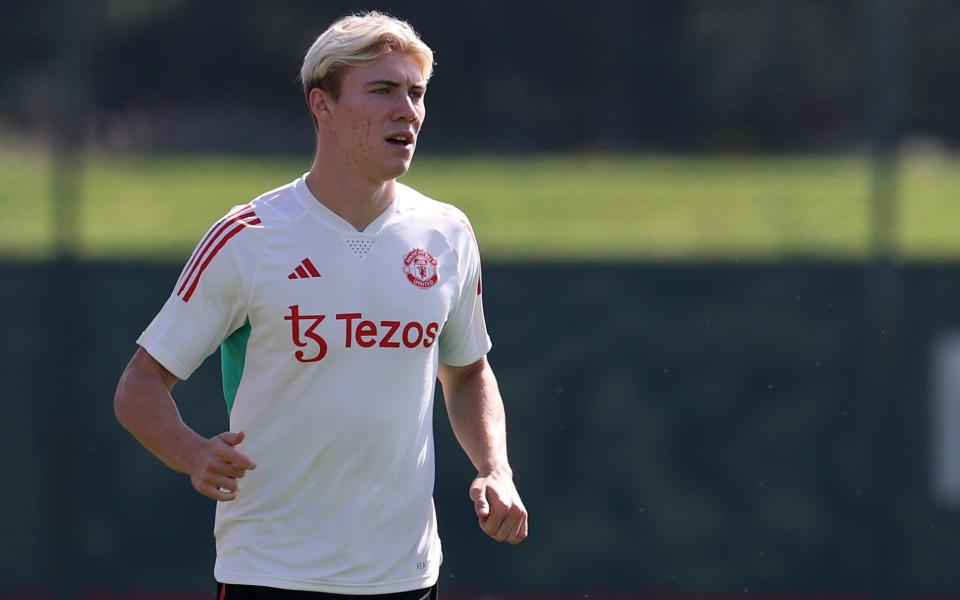 Rasmus Hojlund of Manchester United in action during a first team training session at Carrington Training Ground