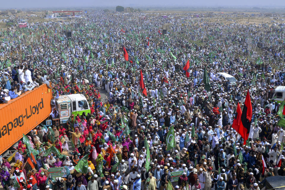 Supporters of the Grand Democratic Alliance attend a rally to protest against what they call vote-rigging in some constituencies in the parliamentary elections, on the outskirts of Hyderabad, Pakistan, Friday, Feb. 16, 2024. (AP Photo/Pervez Masih)