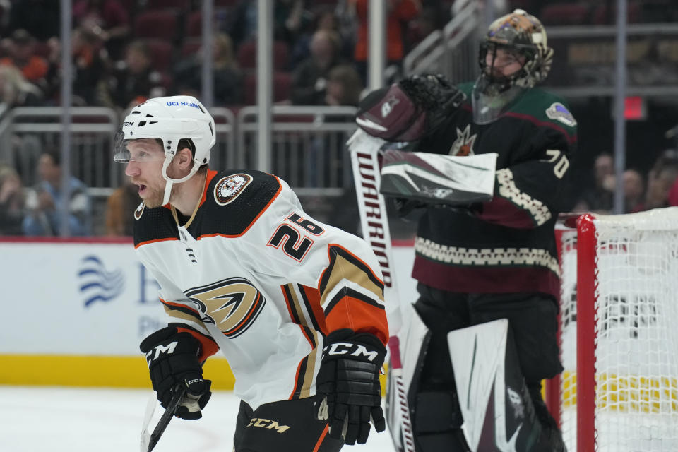 Anaheim Ducks center Gerry Mayhew (26) reacts after scoring a goal against the Arizona Coyotes during the first period of an NHL hockey game Friday, April 1, 2022, in Glendale, Ariz. (AP Photo/Rick Scuteri)