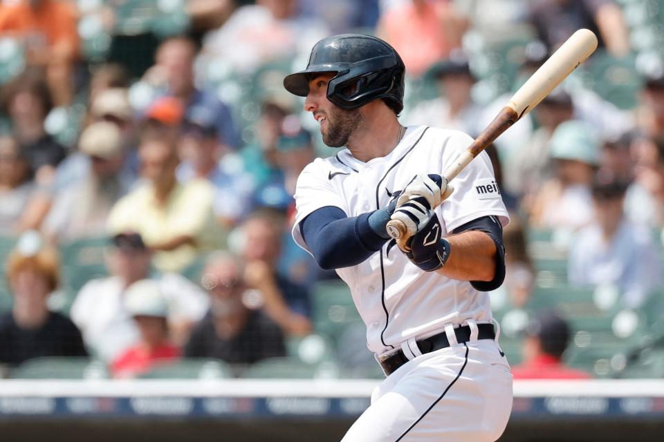 Detroit Tigers center fielder Matt Vierling hits a single in the first inning against the Minnesota Twins at Comerica Park in Detroit, Michigan on Aug. 10, 2023.