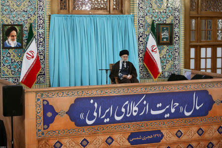 Iran's Supreme Leader Ayatollah Ali Khamenei gestures deliveres a speech in Mashad, Iran, March 21, 2018. Leader.ir/Handout via REUTERS ATTENTION EDITORS - THIS PICTURE WAS PROVIDED BY A THIRD PARTY. NO RESALES. NO ARCHIVE.