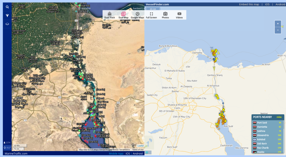 Traffic is blocked up in the Suez Canal. Image: Marine Vessel Traffic.