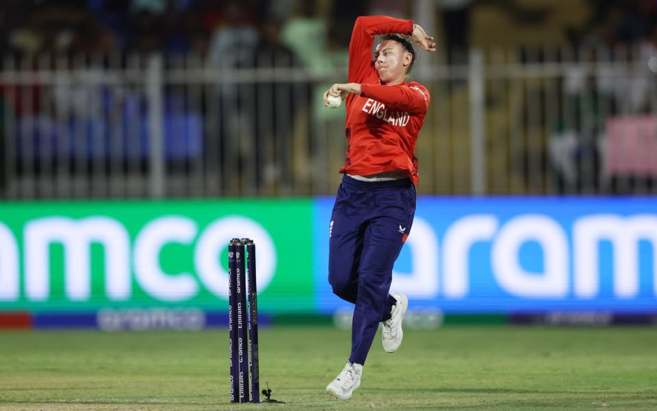 Linsey Smith bowling during England's first game against Bangladesh at the T20 World Cup