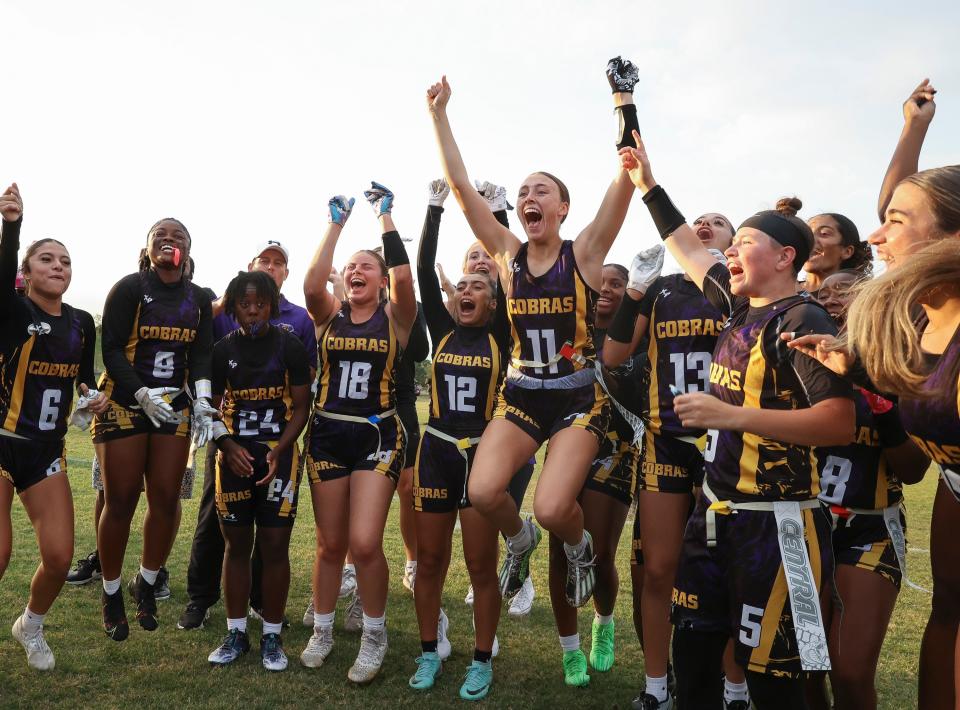Fort Pierce Central celebrates winning the Region 5-2A flag football final against Martin County on Tuesday, April 30, 2024, at Fort Pierce Central High School. Central won 25-0.