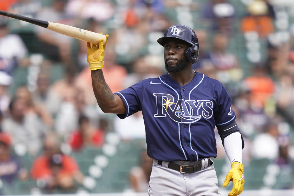 Tampa Bay Rays' Randy Arozarena tosses his bat after a base on balls during the sixth inning of a baseball game against the Detroit Tigers, Sunday, Aug. 7, 2022, in Detroit. (AP Photo/Carlos Osorio)