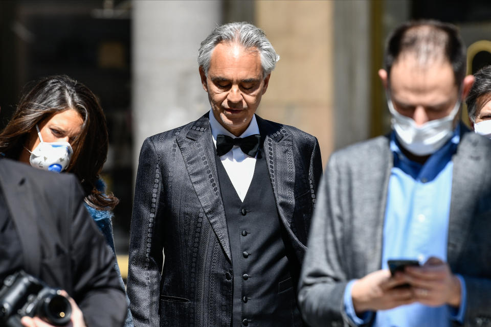 MILAN, ITALY - APRIL 12: Andrea Bocelli outside the Duomo Cathedral of Milan, before the start of the concert. On Easter day, the icon of Italian music in the world will perform alone to give a message of love during the coronavirus period. during the   Andrea Bocelli Concert In Milan at the Duomo on April 12, 2020 in Milan Italy (Photo by Mattia Ozbot/Soccrates/Getty Images)
