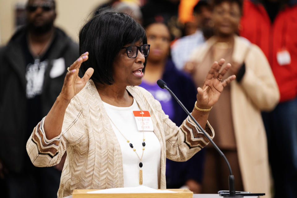 Gloria Pierrot-Dyer, of Roseville, Calif., speaks during the public comment portion of the Reparations Task Force meeting in Sacramento on March 3, 2023.  (Paul Kitagaki Jr / Zuma Press)