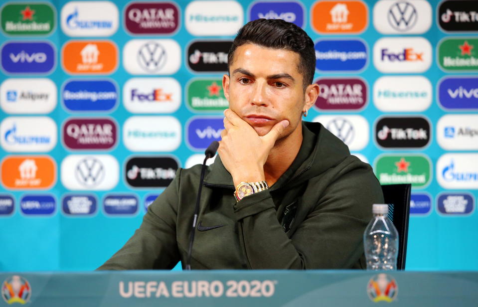 Soccer Football - Euro 2020 - Portugal Press Conference - Puskas Arena, Budapest, Hungary - June 14, 2021 Portugal's Cristiano Ronaldo during the press conference UEFA/Handout via REUTERS ??ATTENTION EDITORS - THIS IMAGE HAS BEEN SUPPLIED BY A THIRD PARTY. NO RESALES. NO ARCHIVES