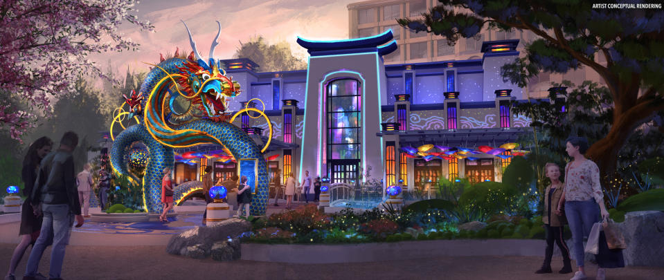 Rendering of Celestial Park featuring a statue of a dragon