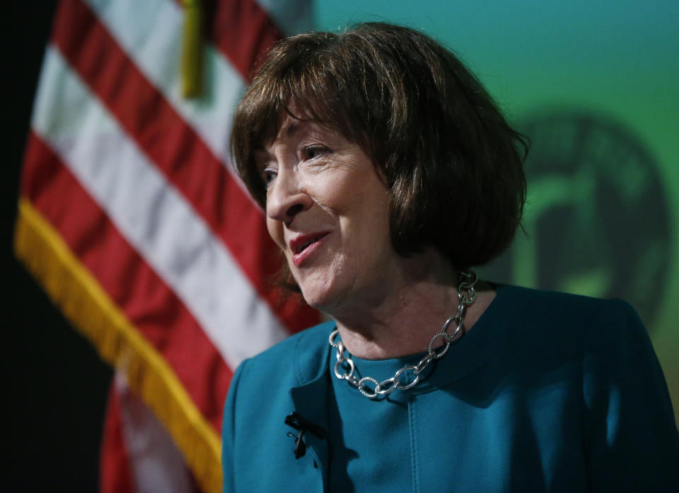 U.S. Sen. Susan Collins, R-Maine, considered one of the few possible Republican "no" votes on Supreme Court nominee Brett Kavanaugh, speaks at Saint Anselm College, Friday, Sept. 21, 2018, in Manchester, N.H. (AP Photo/Elise Amendola)