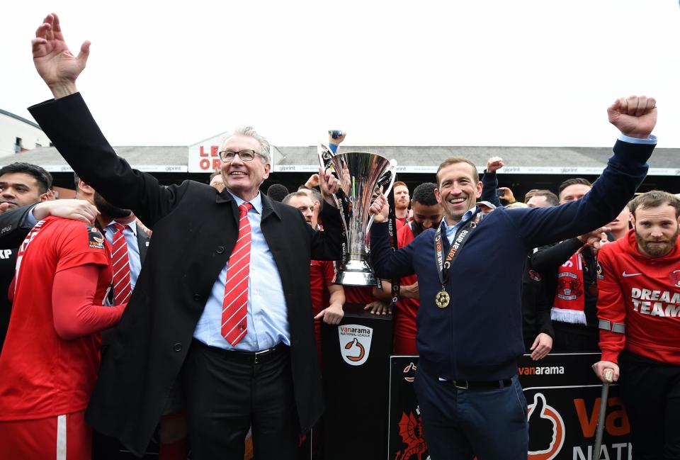 Edinburgh celebrates with his squad after winning promotion back to the Football League. (Getty Images)