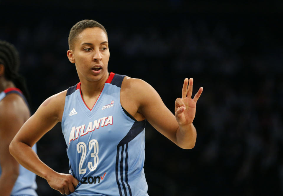 Atlanta Dream guard Layshia Clarendon (23) gestures toward the bench in the first half of an WNBA basketball game against the New York Liberty in New York, Wednesday, June 7, 2017. (AP Photo/Kathy Willens)