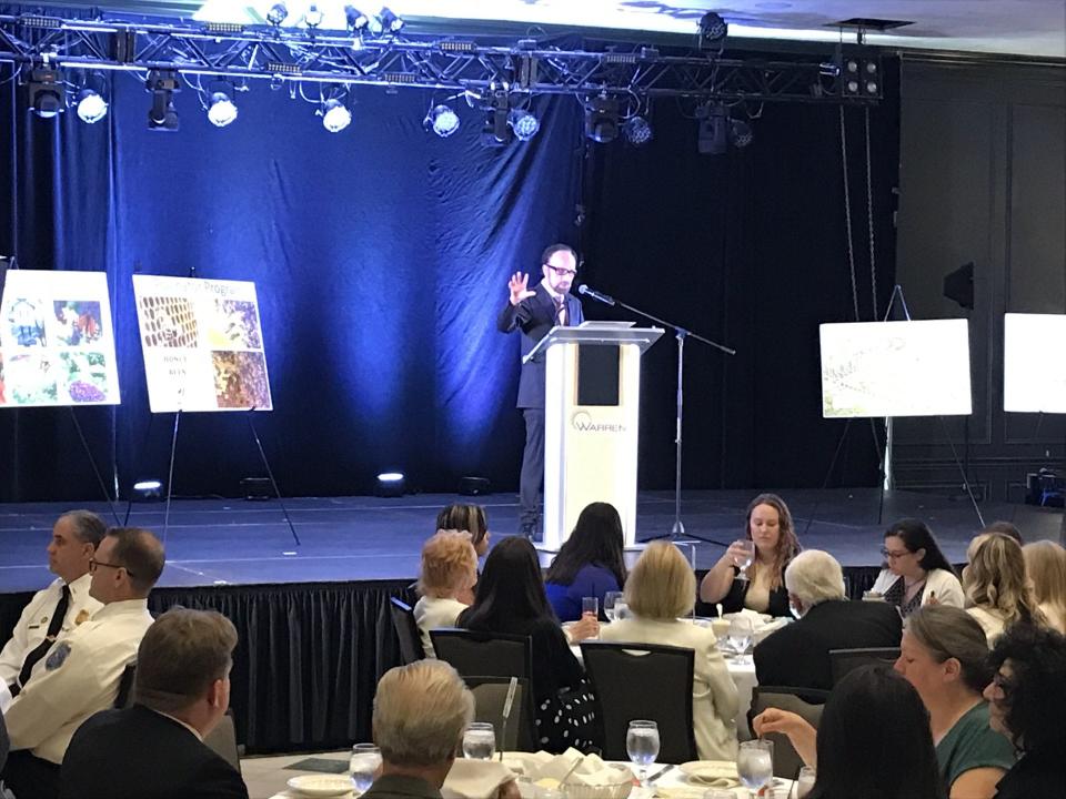 Warren Mayor Jim Fouts speaks at his last state of the city address as mayor inside Andiamo in Warren on June 22, 2023.