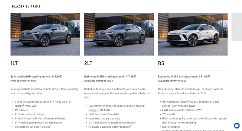 The initial prices of the Blazer EV are still shown on Chevy’s site. 