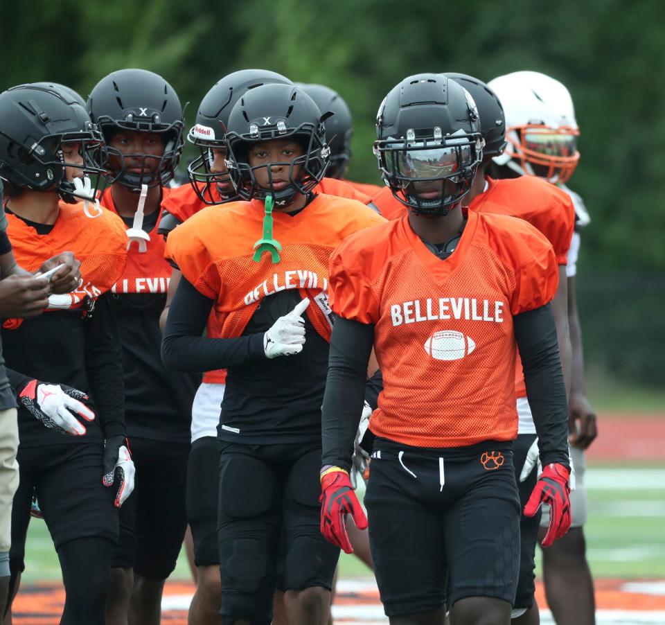 Belleville players walk to the next drill during practice Tuesday, August 15, 2023.