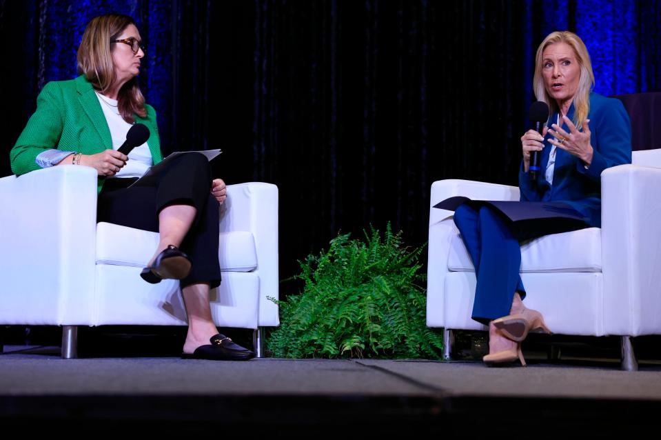 Mayor Donna Deegan, right, speaks as JAXUSA Chairwoman Misty Skipper moderates during a JAXUSA Partnership luncheon Thursday at the Hyatt Regency Jacksonville Riverfront in downtown. Deegan was the keynote guest speaker as she talked about her initiatives for downtown development, small business growth and literacy, among other key topics.