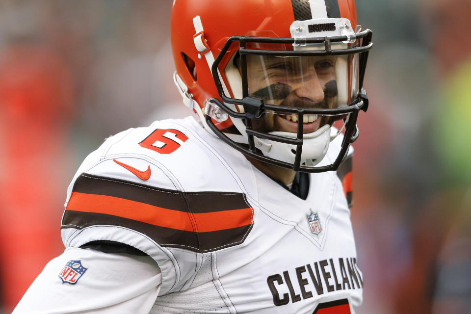 Cleveland Browns quarterback Baker Mayfield smiles in the second half of an NFL football game against the Cincinnati Bengals, Sunday, Nov. 25, 2018, in Cincinnati. (AP Photo/Gary Landers)