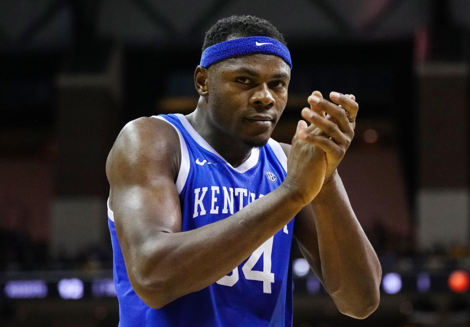 Dec 28, 2022; Columbia, Missouri, USA; Kentucky Wildcats forward Oscar Tshiebwe (34) celebrates after scoring during the second half against the Missouri Tigers at Mizzou Arena. Mandatory Credit: Jay Biggerstaff-USA TODAY Sports