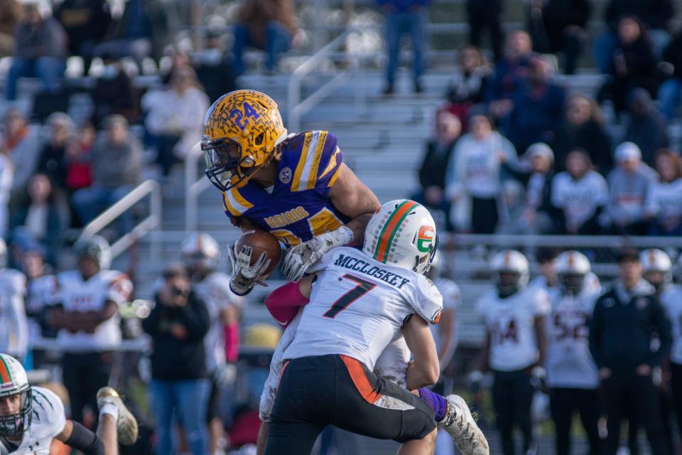 Hononegah's Bryce Goodwine, shown making a reception against Plainfield East in the first round of the Class 7A football playoffs, is third in the NIC-10 in receiving yards.