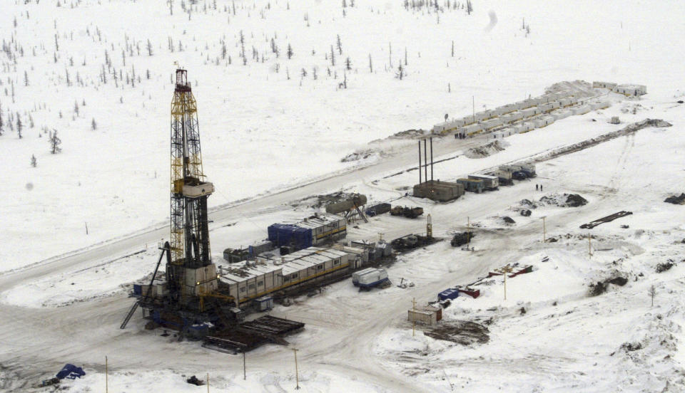 FILE - Rosneft oil rig is seen at the Rosneft's Vankor oil field in eastern Siberia, about 2,800 km (1,740 miles) east of Moscow, Russia on March 21, 2007. China’s support for Russia through oil and gas purchases is irking Washington and raising the risk of U.S. retaliation, foreign observers say, though they see no sign Beijing is helping Moscow evade sanctions over its war on Ukraine. (AP Photo/Sergey Ponomarev, File)