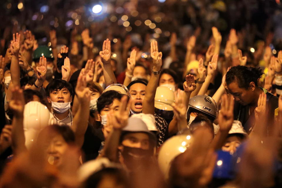 People show the three-fingered salute during a protest, in Bangkok, Thailand October 26, 2020. / Credit: SOE ZEYA TUN / REUTERS