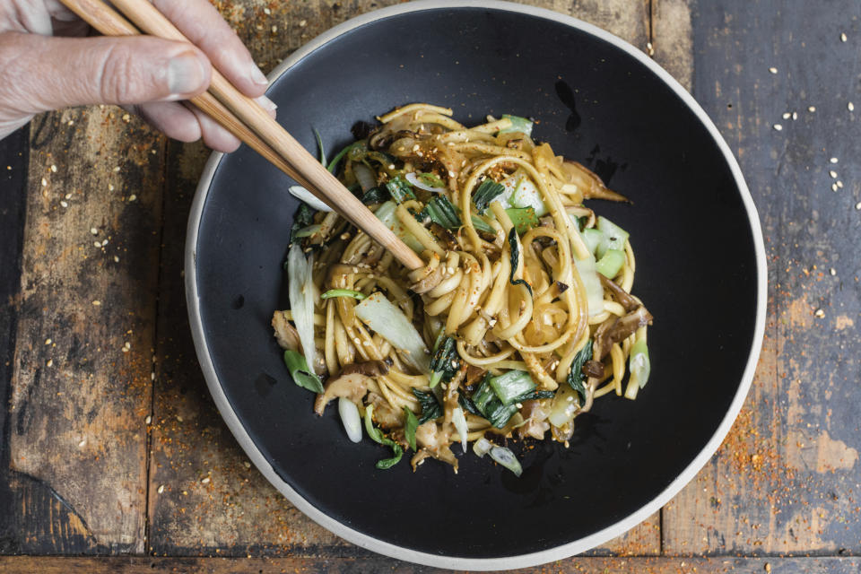 This image released by Milk Street shows a recipe for Yakiudon with Pickled Ginger. (Milk Street via AP)