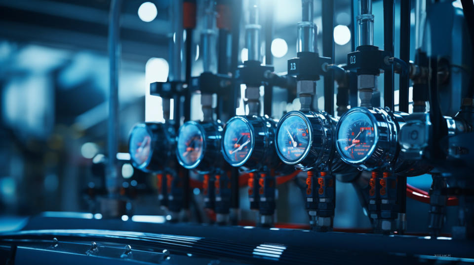 A close-up of water and fuel pumping systems, with intricate electronic controls in the background. 