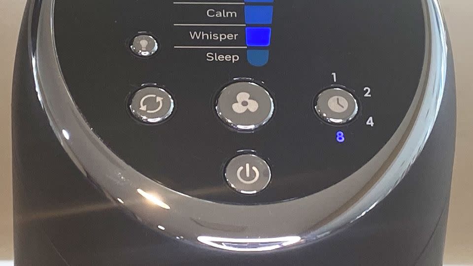 The Honeywell QuietSet tower fan can oscillate, cooling off a room quickly. To start oscillation, just click the button on the left featuring the two circular arrows. - Suzanne Kattau/CNN Underscored