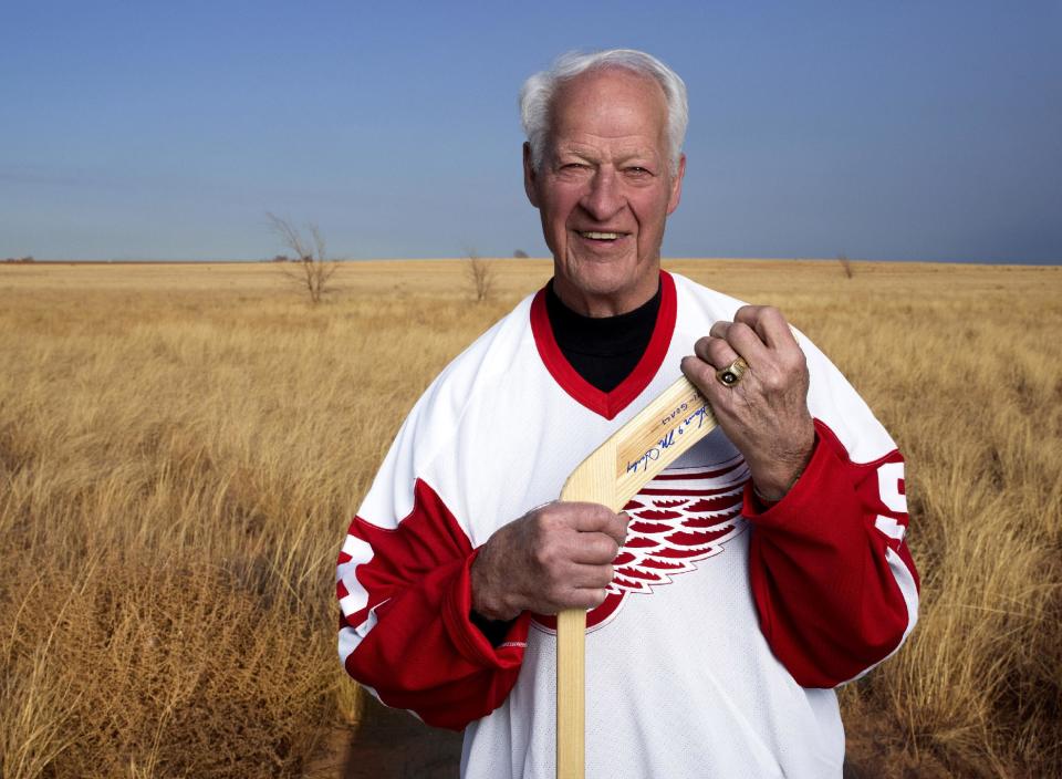 In an undated image provided by Crown Media United States, former Detroit Red Wings hockey great Gordie Howe is seen. A made-for-TV movie, "Mr. Hockey: The Gordie Howe Story," focuses on the season the Hall-of-Famer teamed up with his sons in Houston. The U.S. premiere of the film is Saturday, May 4, 2013. (AP Photo/Crown Media United States, Andrew Eccles)