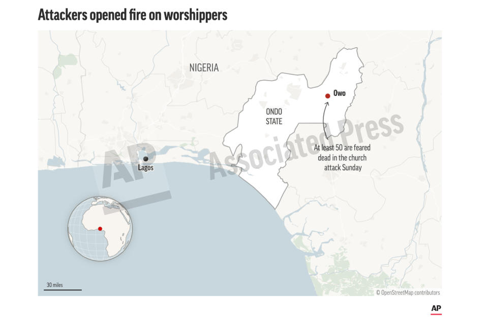 This preview image of an AP digital embed shows a map locating the attack in southwestern Nigeria that has left at least 50 dead. (AP Digital Embed)