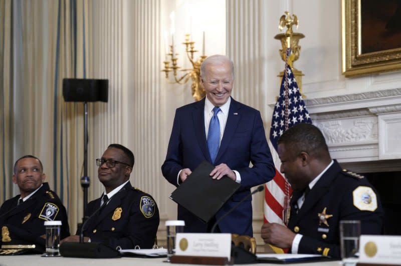 President Joe Biden holds a meeting Wednesday to discuss his administration's achievements in fighting crime in the State Dining Room at the White House in Washington, D.C. Photo by Yuri Gripas/UPI