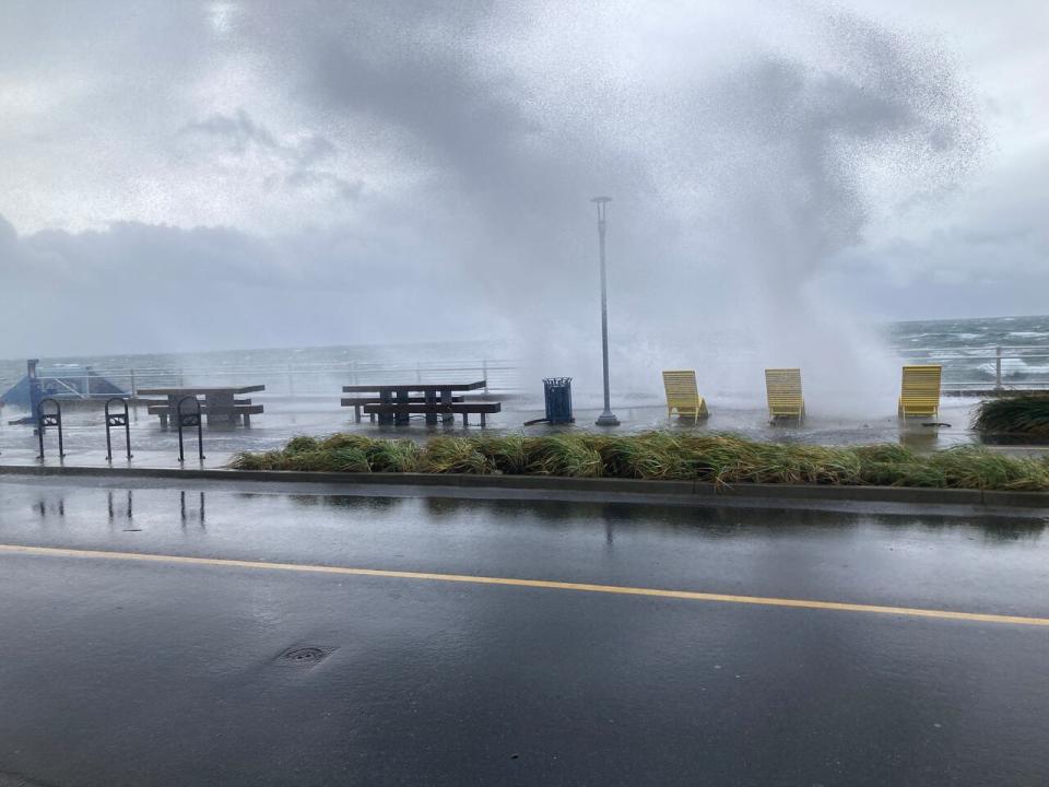 High wind and waves forced the closure of a pedestrian walkway near Dallas Road in Victoria, B.C. on Tuesday, Jan. 9, 2024.