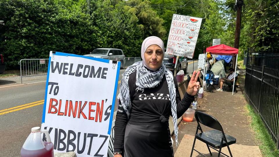 Sumer Mobarak of Virginia, who is protesting U.S. support for Israel in its war with Hamas, accused U.S. Rep. Mike Ezell of assaulting her in the halls of Congress on Tuesday. On Wednesday, Mobarak was back at her post outside the home of Secretary of State Antony Blinken, where protesters have been encamped 24/7 for months.