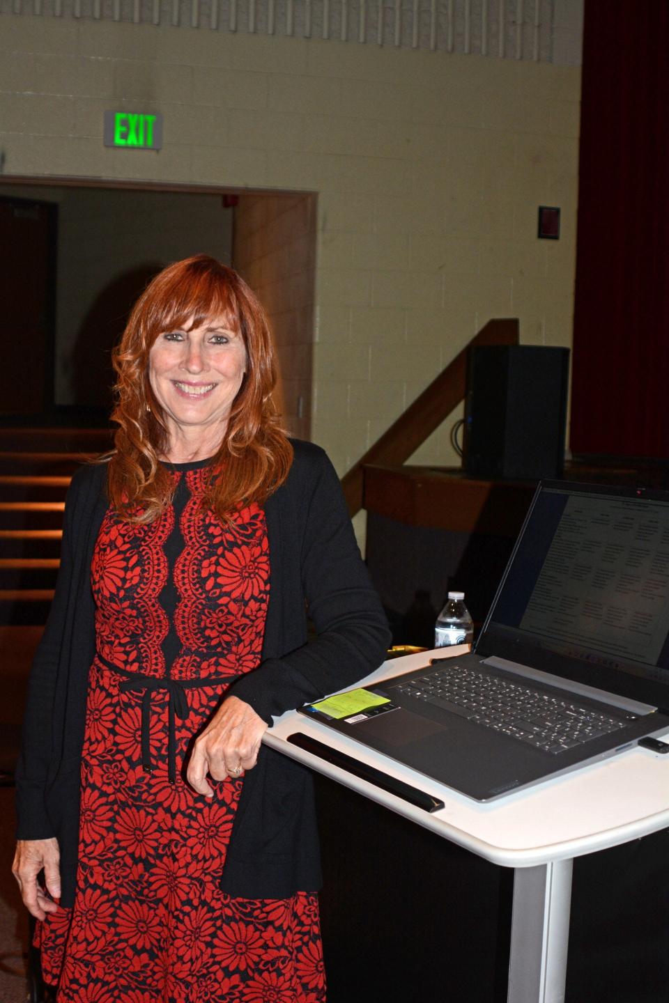 Marcia McEvoy, a licensed psychologist, is shown at Monroe Public Schools’ staff opening day at Monroe High School. McEvoy spoke to parents about mean behavior prevention last week at Monroe Middle School.