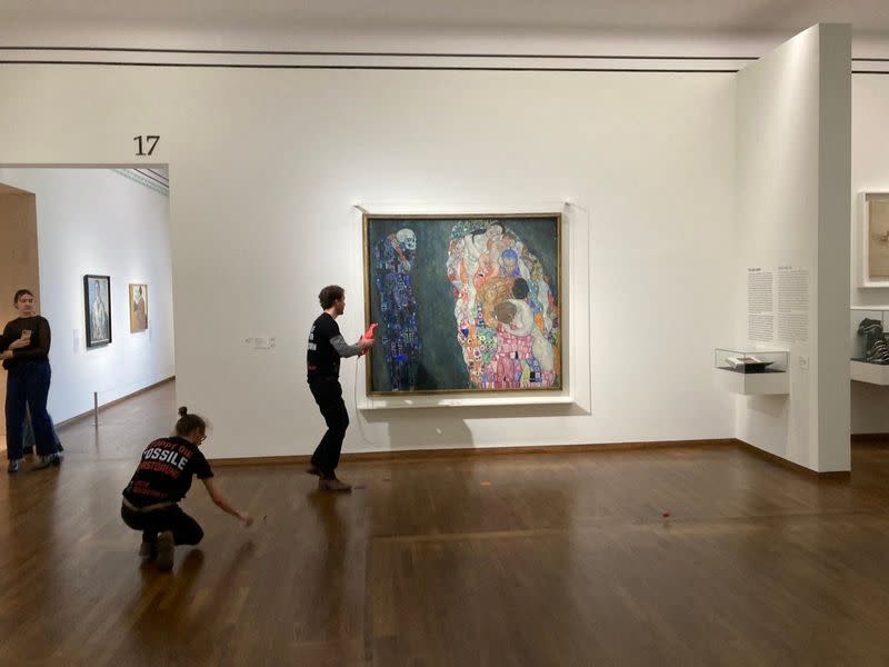 Activists of Last Generation Austria spill oil on a painting of Gustav Klimt in a museum in Vienna