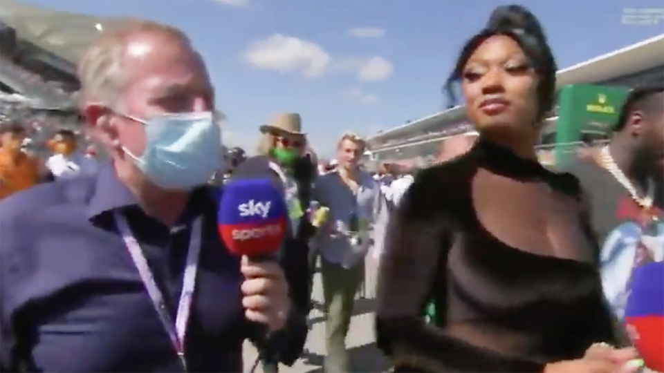 Formula One great Martin Brundle's attempts to interview rapper Megan Thee Stallion on the grid prior to the US Grand Prix were awkward to say the least. Picture: Sky Sport