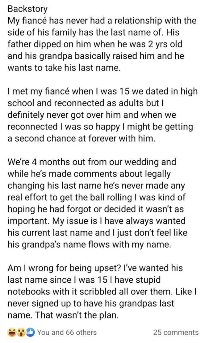 The image shows a lengthy text post discussing family dynamics and personal issues related to a wedding and a father's legacy