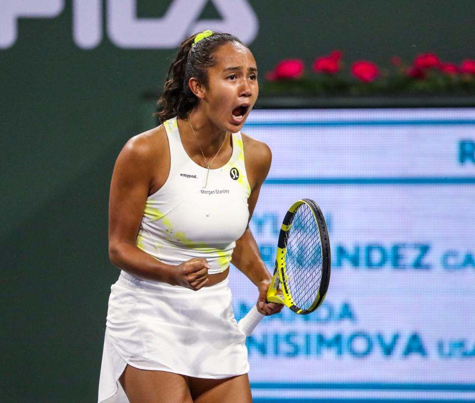 Leylah Fernandez of Canada celebrates her comeback to win the second set against Amanda Anisimova of the United States during the second round of the BNP Paribas Open at the Indian Wells Tennis Garden in Indian Wells, California on Saturday, March 12, 2022. 