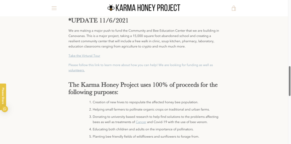 En una actualización de noviembre de 2021, Karma Honey Project dice que la organización está haciendo una