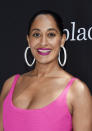 <p>Tracee Ellis Ross wears the large jelly hoop earrings in white by Alison Lou at Walt Disney Studios on April 28, 2018, in Burbank, California. (Photo: Getty Images) </p>