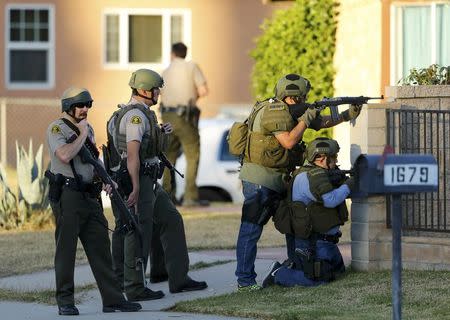 Police officers conduct a manhunt after a shooting rampage in San Bernardino, California December 2, 2015. REUTERS/Mike Blake