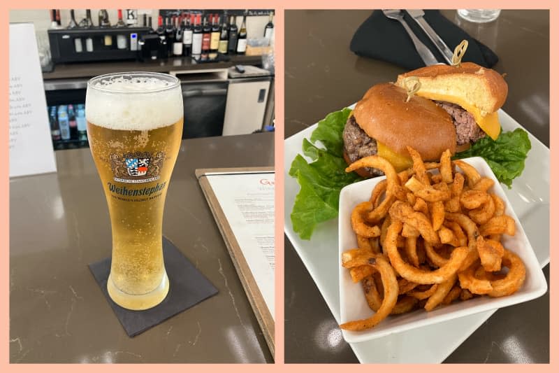 2 photos side by side. Left: a glass of beer; Right: a burger and fries