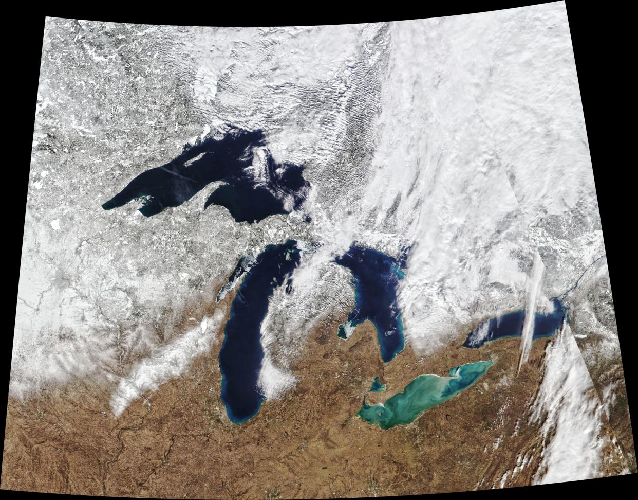 The hottest year on record meant ice coverage on the Great Lakes was low in 2023. Ice coverage in this February 2023 NASA image was only 6.6 percent in the five lakes, compared to an average of 35-40 percent ice cover typical for mid-February.