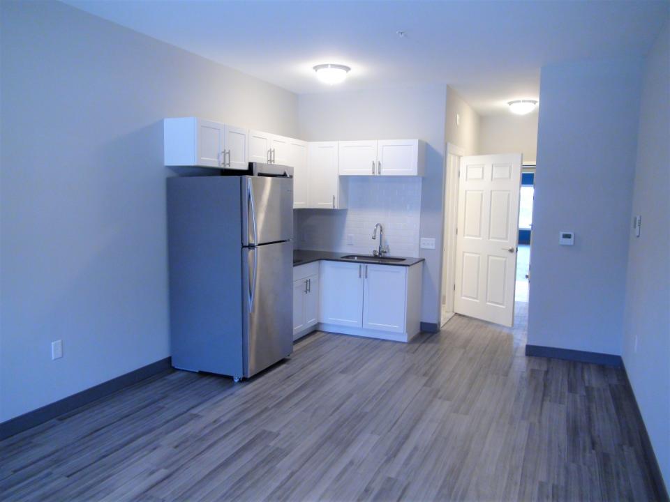 An unfurnished efficiency apartment at the Southbridge Community Service Building in Wilmington. Marva Hammond and Charlie Falletta developed the residential space to be affordable housing.