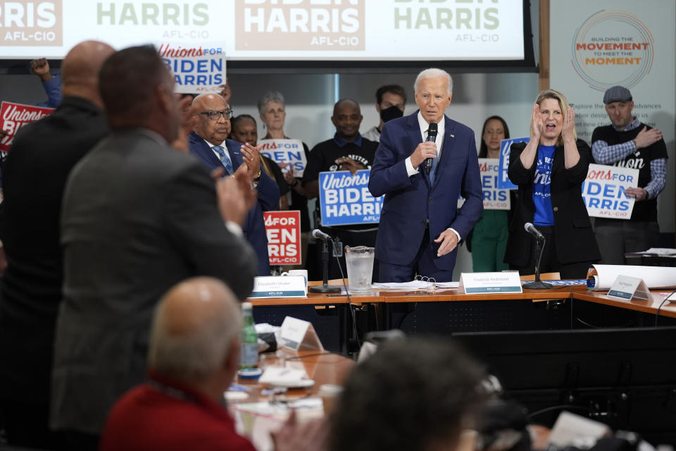 President Joe Biden smiles during a visit to AFL-CIO headquarters, Wednesday, July 10, 2024, in Washington. (AP Photo/Evan Vucci)