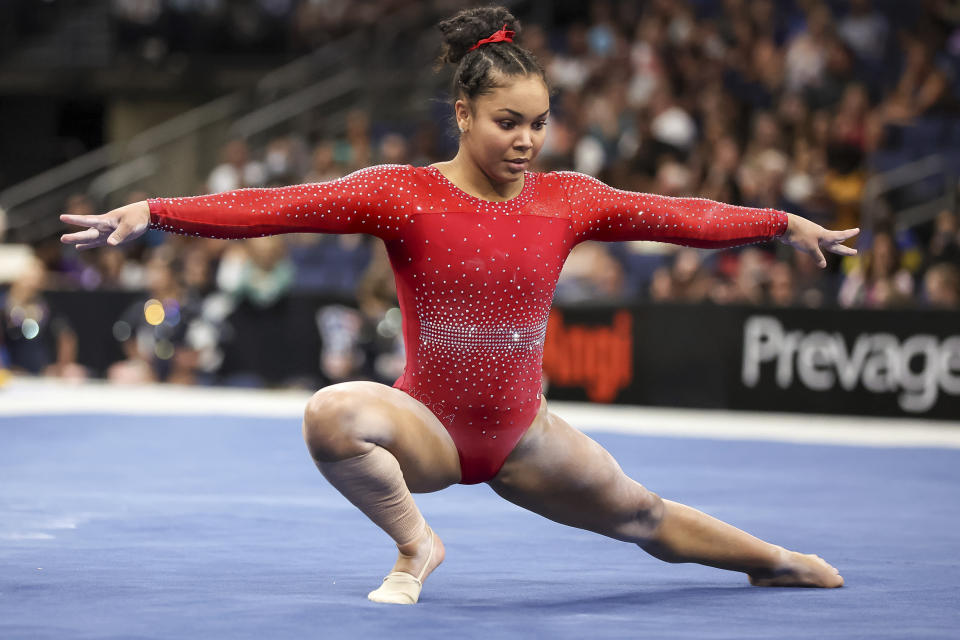 Konnor McClain competes on the floor during the U.S. Gymnastics Championships, Sunday, Aug. 21, 2022, in Tampa, Fla. (AP Photo/Mike Carlson)