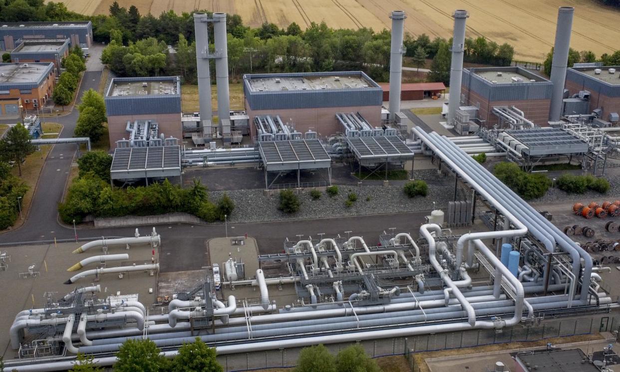 <span>The Reckrod gas storage plant near Eiterfeld, central Germany. European gas stores are at a record 59% full, despite the shift away from Russian supplies.</span><span>Photograph: Michael Probst/AP</span>