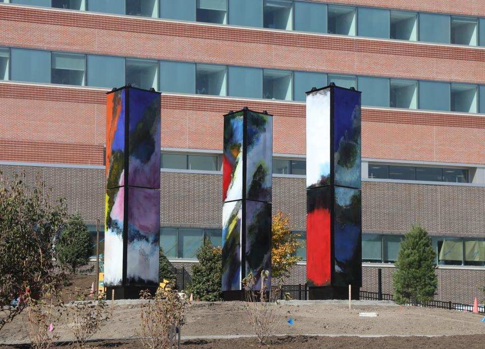 Paramus, NJ — October 19, 2023 -- Panels displayed in front of the new Valley Hospital that is scheduled to open in April. The mural’s the artwork of Stefan Knapp were once part of the former Alexanders Department Store, located in Paramus where the local mural was on display to motorists.