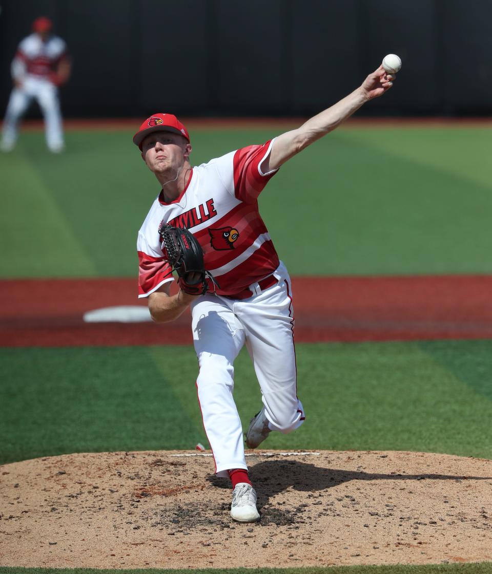 U of L's Riley Phillips (41) delivers a pitch against Michigan during NCAA Regional play at Jim Patterson Stadium in Louisville, Ky. on June 5, 2022.