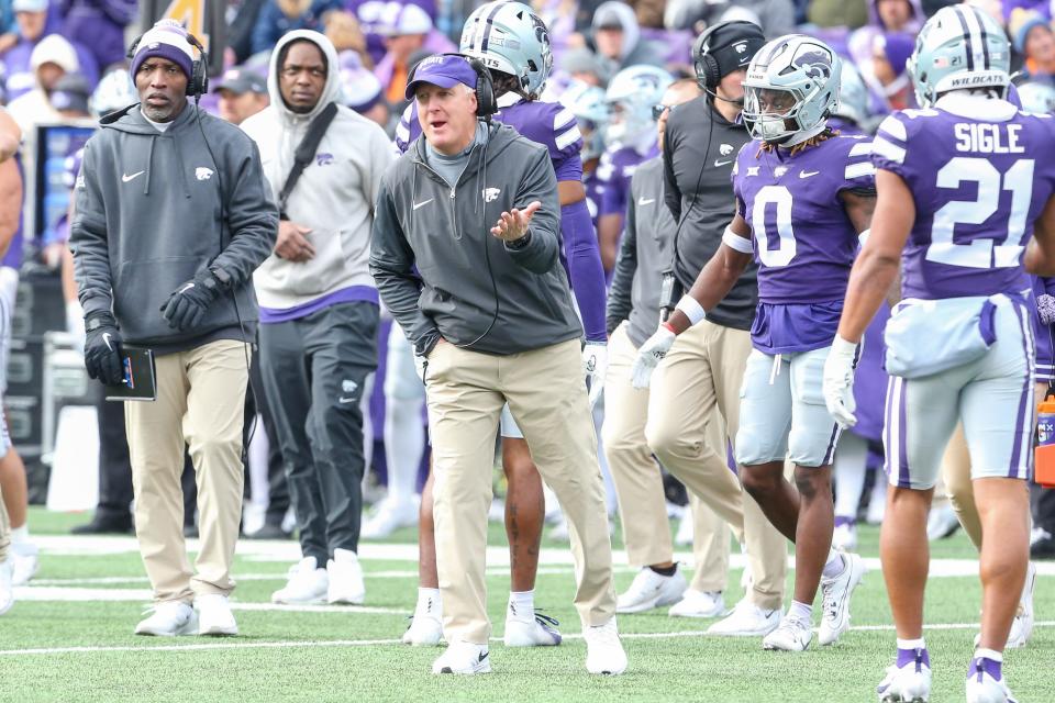 Kansas State coach Chris Klieman shouts instructions to his players during the Wildcats' Oct. 28 game against Houston at Bill Snyder Family Stadium.